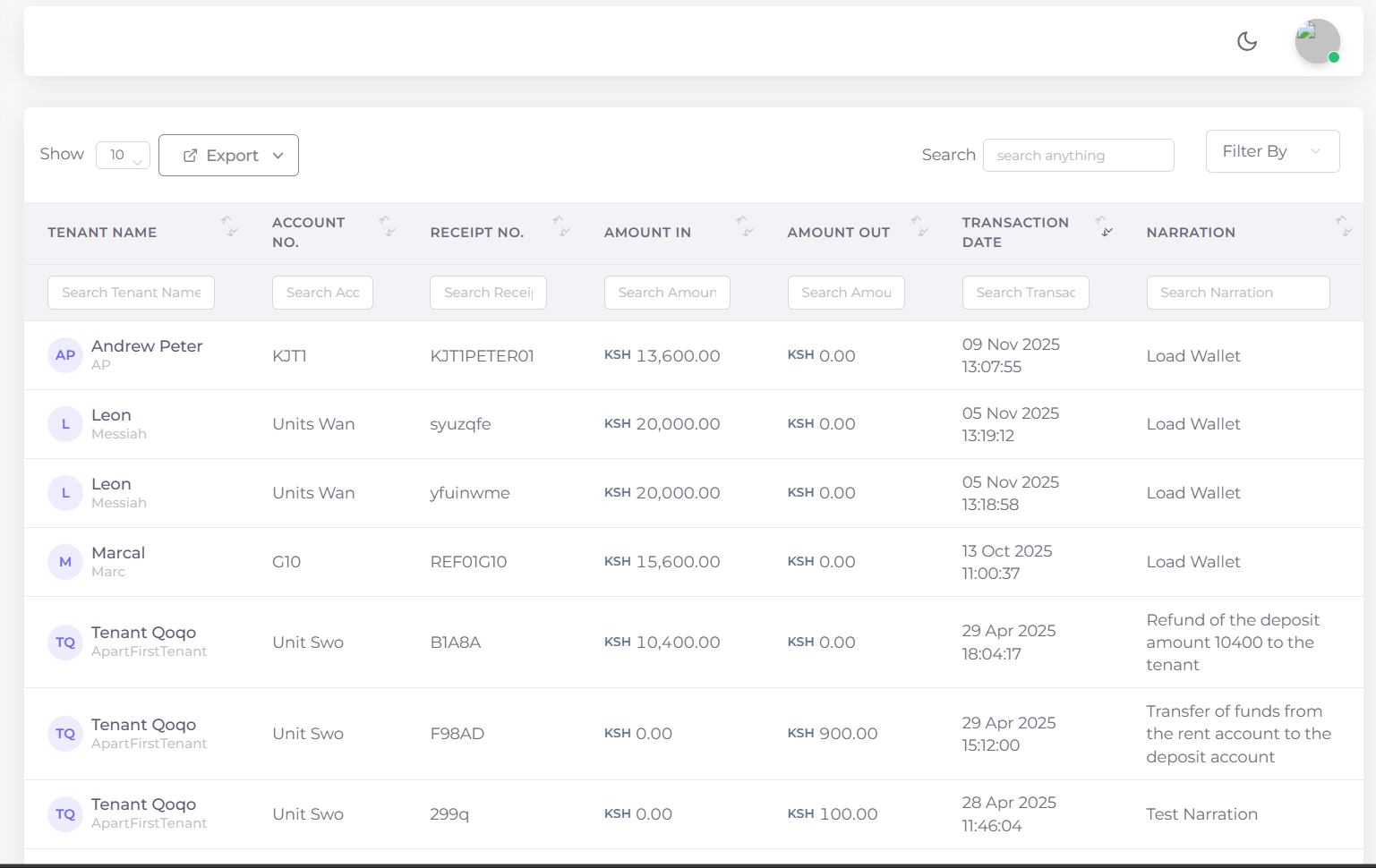 Kejarent Rent Transactions Report