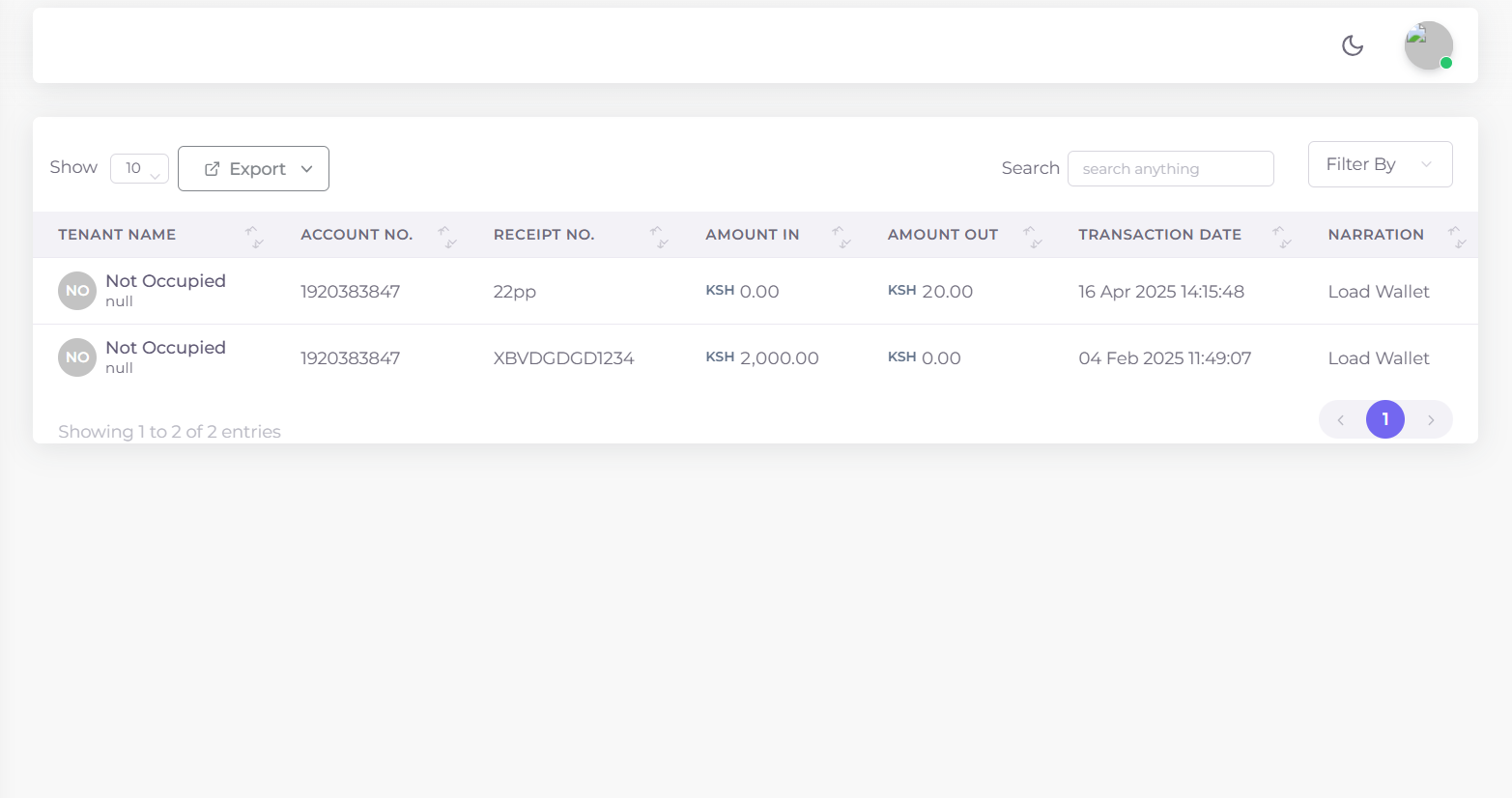 Kejarent Utility Transactions Table